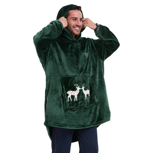 Snuggs Blanket Hoodie Dark Green Christmas Deer Pocket